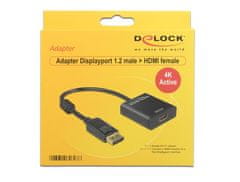 Delock DeLOCK DisplayPort 1.2 moški na HDMI tip A (ženski) adapter, 0.2 m, maks. ločljivost 3840 x 2160, zlato prevlečeni kontakti, črna barva, pakirano v škatli.