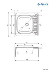 Deante Kovinski kuhinjski umivalnik z odtokom - 1 krožnik, prevratna, satin jeklo, dolžina 600 mm, kvadratna oblika, brez pipe.