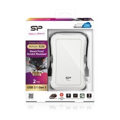 Silicon Power Zunanje trdo disk Silicon Power Armor A30, 2000 GB, bel, odporen na udarce, USB 3.2 Gen 1, 256-bit AES, večplatformska podpora, idealen za Mac in Windows.