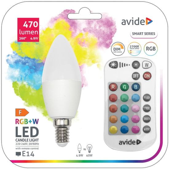 Avide 933221 Žarnica Candle LED RC 4.9W E14 RGB 470lm C35