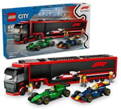 LEGO City 60445 Tovornjak F1 z dirkalnikoma F1 RB20 in AMR24