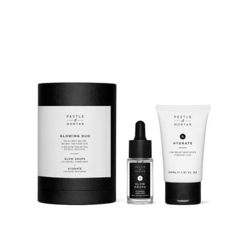 Pestle & Mortar Glowing Duo Set samoporjavitveni serum za obraz Glow Drops 15 ml + vlažilna krema za obraz Hydrate Lightweight Moisturiser 30 ml za ženske