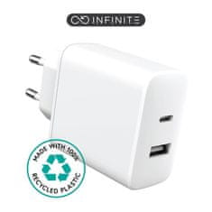 eSTUFF INFINITE polnilnik USB-C 20W, USB-A 12W bel, reciklirana plastika