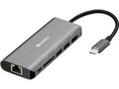 Sandberg USB-C hub razdelilnik, 6-v-1 100W PD, HDMI, LAN, 2x SD, 2x USB-A