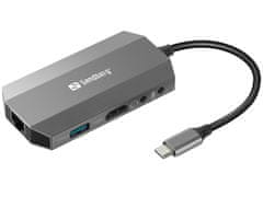 Sandberg USB-C hub razdelilnik, 6-v-1 100W PD, HDMI, LAN, AUX, 2x SD, 2x USB-A