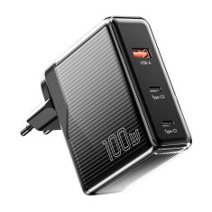 Essager Mrežni polnilnik, Essager, ECT2CA-ZXB01-Z, GaN, USB-A, USB-C 100W (črn)