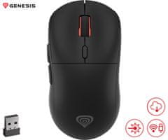 Genesis Zircon XIII brezžična miška, gaming, 26.000DPI, 2.4GHz/USB-C, 7 gumbov, baterija, črna