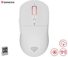 Genesis Zircon XIII brezžična miška, gaming, 26.000DPI, 2.4GHz/USB-C, 7 gumbov, baterija, bela