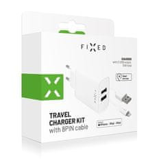 FIXED Omrežni polnilec Fixed 2xUSB, 15W Smart Rapid Charge + Lightning MFi kabel 1m - bela