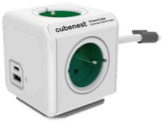 PowerCube Cubenest Extended USB PD 20W, A+C, 4× vtičnica, 1,5 m, bela/zelena, otroška varnost, ozemljitev, dock, 10A/250V