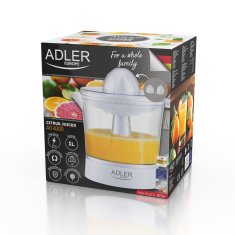 Adler Citrusni sokovnik ADLER AD 4009 s prilagodljivo kontrolo pulpe, 2 pritiskalna stožca, bel, pralen v pomivalnem stroju