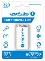 everActive Rechargeable baterije everActive Ni-MH 6F22 320 mAh Prprofessionalna linija - 9V, 1 kom, okolju prijazne tehnologije