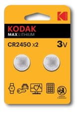 Kodak Kodak CR2450 Litijanska enkratna baterija 3V, 2 kosi v blisterju, zmogljivost 500 mAh, za zanesljivo napajanje.