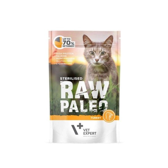 VetExpert RAW PALEO Sterilizirana mačja hrana z puranom - 100 g, brez zrn, brez glutena, za odrasle mačke z nagnjenjem k prekomerni teži