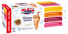 Butcher's BUTCHER'S Delicious Dinners Jumbo Pack - mokra hrana za mačke, 40 x 100g, brez umetnih barvil, brezglutenska, z okusom purana