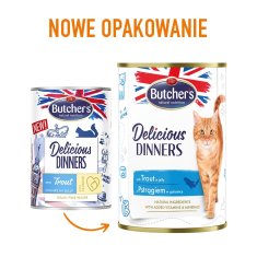 Butcher's BUTCHER'S Delež Dinners Kosmiči z ribo v želeju - mokra hrana za mačke - 400g, brez sladkorja, brez soje, brez konzervansov