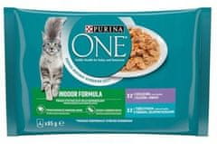 slomart PURINA One Indoor Tunina in telečja - mokra hrana za mačke, 4x85g, brez umetnih barvil, brez konzervansov, primerna za odrasle mačke.