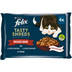 slomart FELIX Tasty Shreds z govedino in piščancem - 4x 80g, mokra hrana za odrasle mačke vseh pasem, brez konzervansov