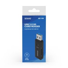 SAVIO SD bralnik SAVIO, USB 3.0, AK-64 - Črn, Hitrost prenosa do 5000 Mbit/s, združljiv z več vrstami pomnilniških kartic