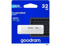 GoodRam USB ključek Goodram UME2 32 GB, USB Type-A 2.0, bel, zmogljivost 20 MB/s branja, kapaciteta 32 GB, plastika, kompaktna velikost.