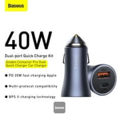 BASEUS avtomobilski polnilec Golden Contractor Pro Dual USB+USB-C 40W temno siv