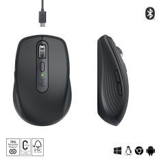 Logitech Logitech MX Anywhere 3S miš - brezžična, grafitna, 8000 DPI, pisarniška, desničarska, Bluetooth, polnilna baterija