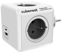 PowerCube Cubenest Original USB PD 20W, A+C, 4× vtičnica, bela/siva, otroška varovalka, ozemljitev, max. 16A/250V~3680W