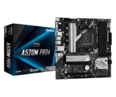 ASRock Asrock A520M Pro4, Socket AM4, mikro ATX, podpora za AMD Ryzen 3/5/7/9, 64 GB RAM, 7.1 kanalni zvok, napredno delovanje.