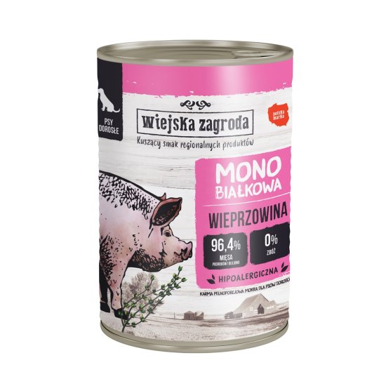 Wiejska Zagroda WIEJSKA ZAGRODA Monoproteinska svinjska hrana za pse - mokra hrana - 400g, brez žit, brez glutena, primerna za vse pasme.