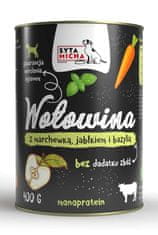 Syta Micha SYTA MICHA Goveje meso s korenjem, jabolkom in baziliko - mokra hrana za pse, 400 g, brez glutena in umetnih barvil