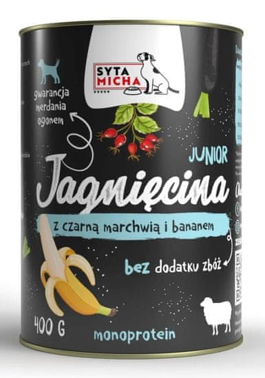 Syta Micha Sodobna mokra hrana za pse SYTA MICHA Junior z jagnjetino, črno korenje in banano - 400g, brez umetnih barvil in glutena