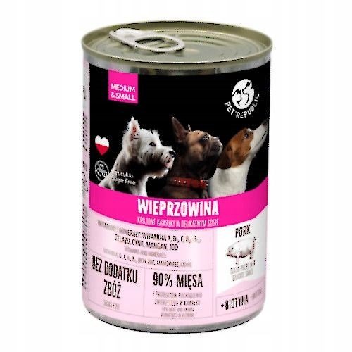 slomart PET REPUBLIC Mokra hrana za pse odrasle, srednje in majhne pasme, svinjina, 400g - brez glutena in konzervansov