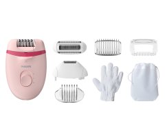 Philips Philips Satinelle Essential epilator z optičnim svetlom, roza, z masažno funkcijo in dodatki za nego bikini predela