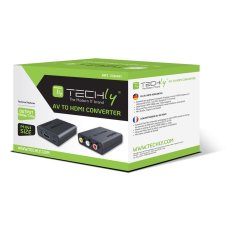 Techly Aktivni video pretvornik Techly AV 3 RCA na HDMI, visoka ločljivost do 1080p, Plug and Play, črn, vključen napajalnik in adapter, RoHS in CE certifikati.