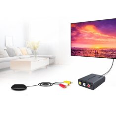 Techly Aktivni video pretvornik Techly AV 3 RCA na HDMI, visoka ločljivost do 1080p, Plug and Play, črn, vključen napajalnik in adapter, RoHS in CE certifikati.