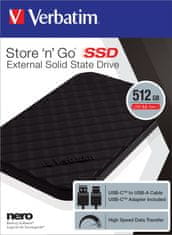 Verbatim Verbatim Store 'n' Go prenosni SSD USB 3.2 GEN 1, 512 GB, črn, združljiv z Windows in Mac sistemi, 7 mm debelin, vključuje kabel USB Type-C.