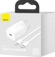 BASEUS Super Si USB-C PD QC 20W hitri polnilec s kablom Lightning 1m bele barve