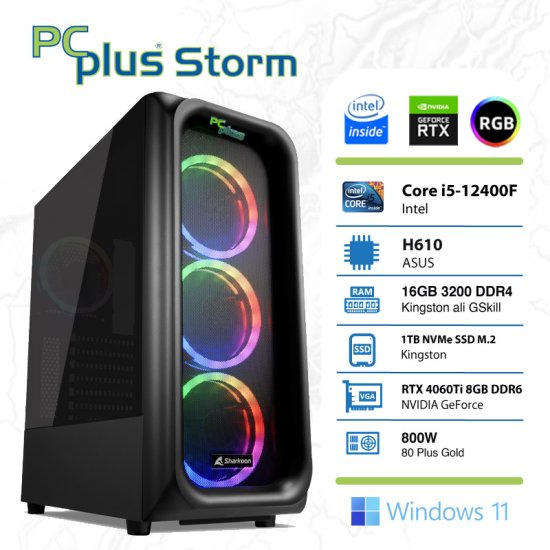 PCplus Storm i5-12400F 16GB 1TB NVMe SSD GeForce RTX 4060 Ti DDR6 8GB RGB Windows 11 Home gaming namizni računalnik