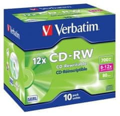 Verbatim CD-RW 700MB 12x, 10 kosov nosilcev, odporen na praske, dragulj 43148