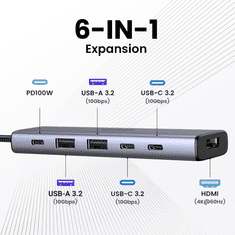 Ugreen 6v1 priklopna postaja s 100W PD USB-C vhodom