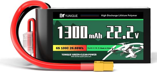 YUNIQUE GREEN-CLEAN Lipo baterija 6 celic 22.2V 1300mAh 100C s priključkom XT60, silikonskim kablom in mehko lupino - dimenzije 74x38x38 mm, teža 265g - visoka moč za RC modele