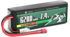 YUNIQUE GREEN-CLEAN 2-celična Lipo baterija 7.4V 6200mAh 50C s priključkom T-PLUG, silikonskim kablom in trdo lupino - Dimenzije 137x46x24 mm, teža 246g - Visoka moč za RC modele