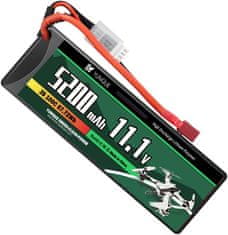 YUNIQUE GREEN-CLEAN 3-celica 11.1V 5200mAh 100C Lipo baterija s T-vtičnim priključkom, silikonskim kablom in trdo lupino - Dimenzije 138x47x36 mm, Teža 359g - Visoka moč za RC modele