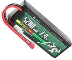 YUNIQUE GREEN-CLEAN 2-celična 7.4V 5200mAh 50C Lipo baterija s T-vtičnim priključkom, silikonskim kablom in trdo lupino - dimenzije 138x47x25mm, teža 246g - visoka moč za RC modele