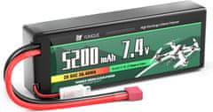 YUNIQUE GREEN-CLEAN 2-celična 7.4V 5200mAh 50C Lipo baterija s T-vtičnim priključkom, silikonskim kablom in trdo lupino - dimenzije 138x47x25mm, teža 246g - visoka moč za RC modele