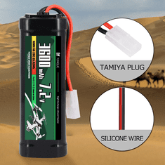 YUNIQUE GREEN-CLEAN Polnilna NiMH baterija 7.2V 3600mAh s priključkom Tamiya in silikonskim kablom - 6 celic - Dimenzije 135x47x24 mm - Napajanje za RC modele