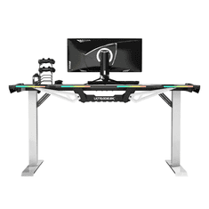 Ultradesk Gaming miza FORCE SNOW - bela, 166x70 cm, 66-86 cm, 5 nivojev višine, z XXL podlogo za miško, RGB osvetlitev, držalo za pijačo in slušalke