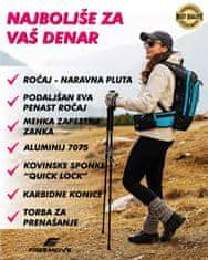 FREEMOVE Pohodne treking palice - modre, aluminij 7075, teleskopske 3-delne , dolžina 63-135 cm, quick-lock zapiranje, naravni plutast ročaj / podaljšan, karbidne konice, torba za prenašanje, DARILO - piščalka