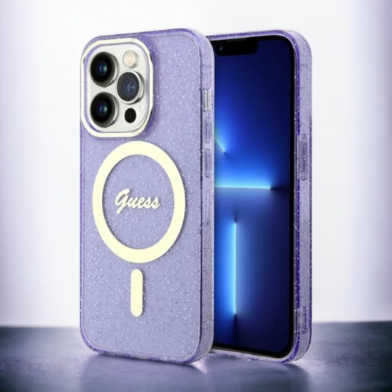 Guess Ovitek Guess "Purple - Gold Glitter" za iPhone 14 Pro s tehologijo MagSafe (GUHMP14LHCMCGU)