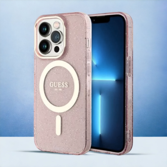 Guess Ovitek Guess "Pink - Gold Glitter" za iPhone 14 Pro s tehologijo MagSafe (GUHMP14LHCMCGP)